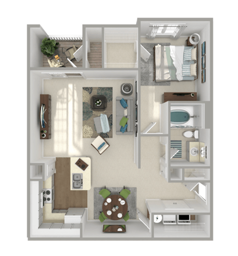 a stylized floor plan with a bedroom and living room